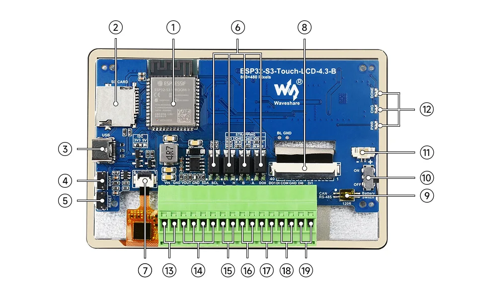 Waveshare ESP32-S3 4.3 inch IPS Touchscreen LCD HMI GUI Development Board 800×480 5-point Touch 32-bit LX7 Dual-core Processor