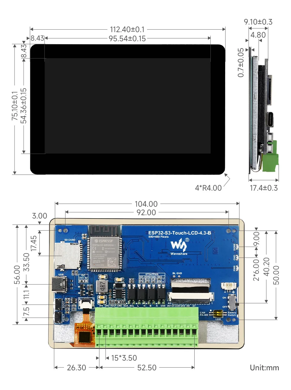 Waveshare ESP32-S3 4.3 inch IPS Touchscreen LCD HMI GUI Development Board 800×480 5-point Touch 32-bit LX7 Dual-core Processor