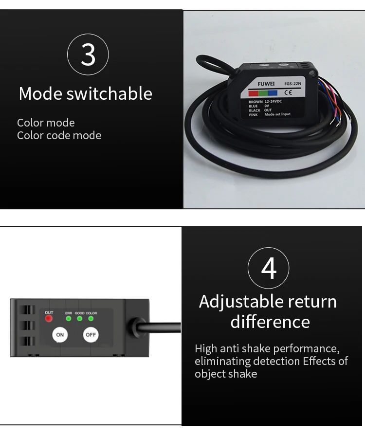 FUWEI FGS-22 Series RGB Color Mark Sensor Photoelectric Switch Color Recognition Sensor Correction Tracking for Labeling Sensor
