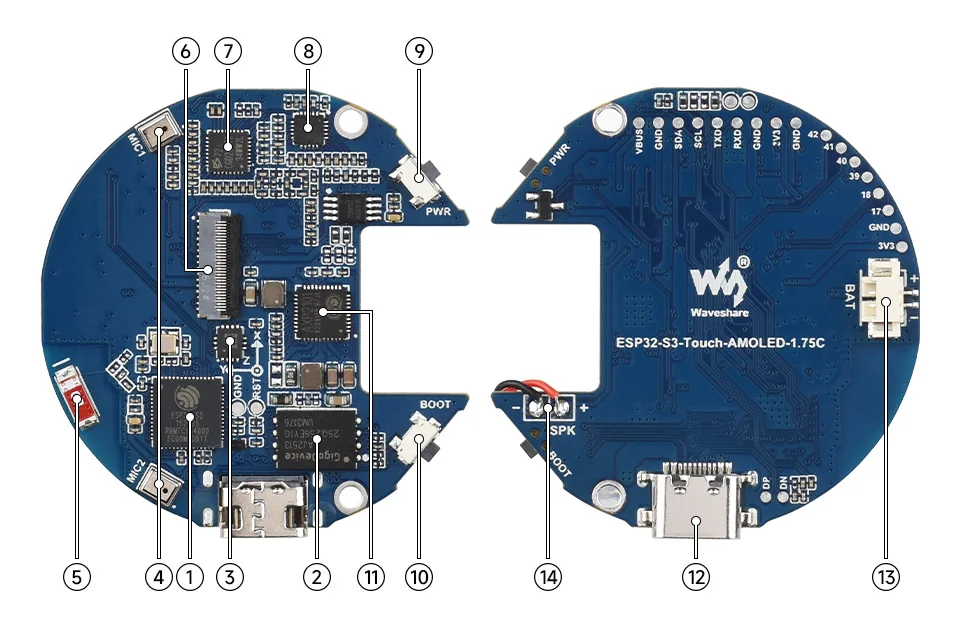 Waveshare ESP32-S3 1.75inch AMOLED Round Touch Display Development Board,466X466 resolution,Aluminum Alloy Case,Onboard Dua