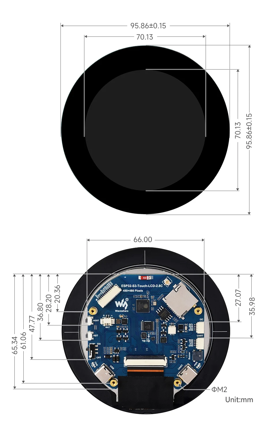 Waveshare ESP32-S3-LCD-2.8C,ESP32-S3 2.8inch Round Display Development Board, 480×480, 32-bit LX7 Dual-core Processor,Bluetooth