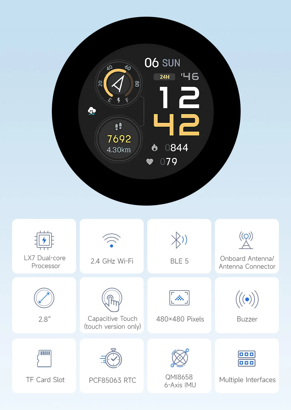 Waveshare ESP32-S3-LCD-2.8C,ESP32-S3 2.8inch Round Display Development Board, 480×480, 32-bit LX7 Dual-core Processor,Bluetooth