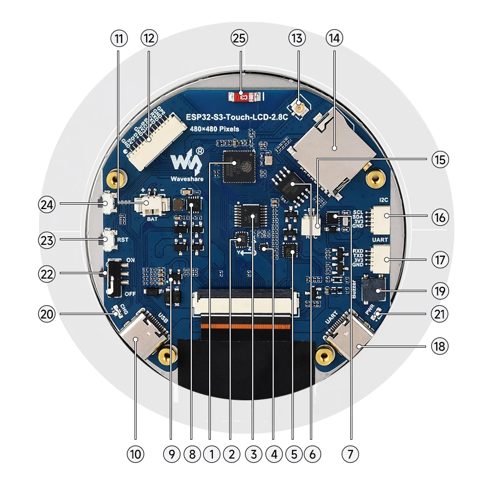 Waveshare ESP32-S3-LCD-2.8C,ESP32-S3 2.8inch Round Display Development Board, 480×480, 32-bit LX7 Dual-core Processor,Bluetooth