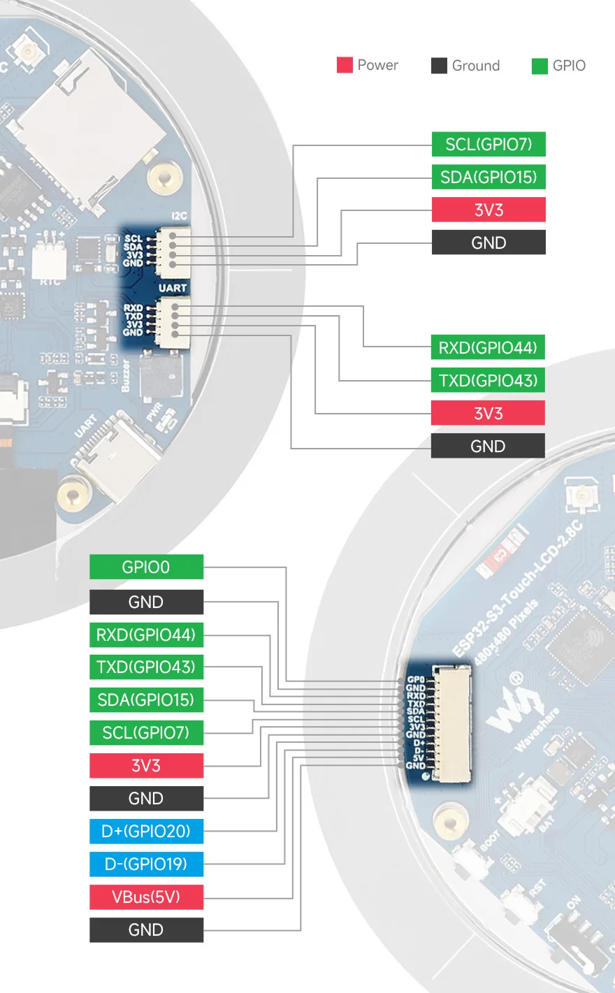 Waveshare ESP32-S3-LCD-2.8C,ESP32-S3 2.8inch Round Display Development Board, 480×480, 32-bit LX7 Dual-core Processor,Bluetooth