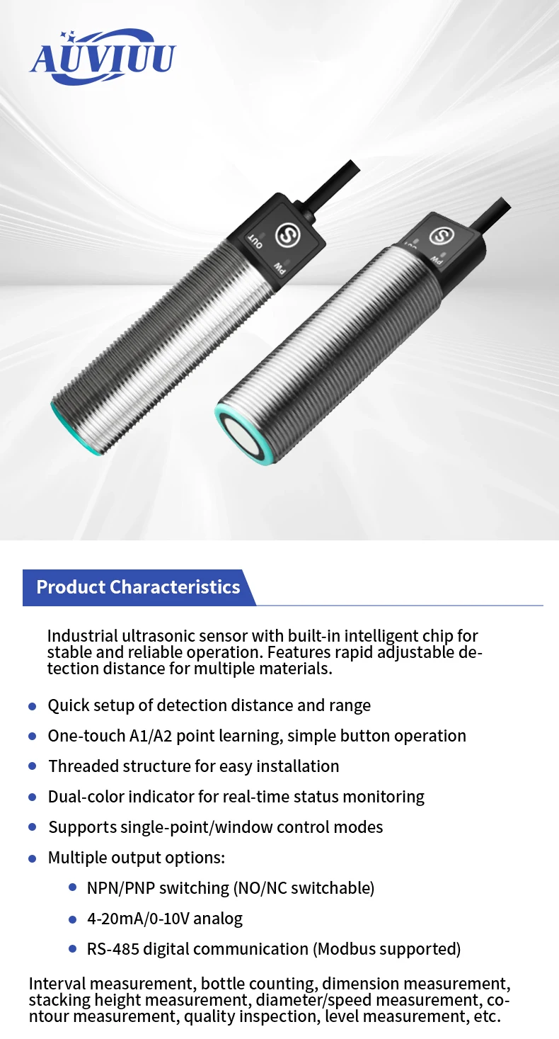 SNE-DM18 Ultrasonic Sensor High Precision High Frequency NPN PNP Analog 4-20mA 0-10V RS-485 Millimeter Ultrasonic Level Sensor