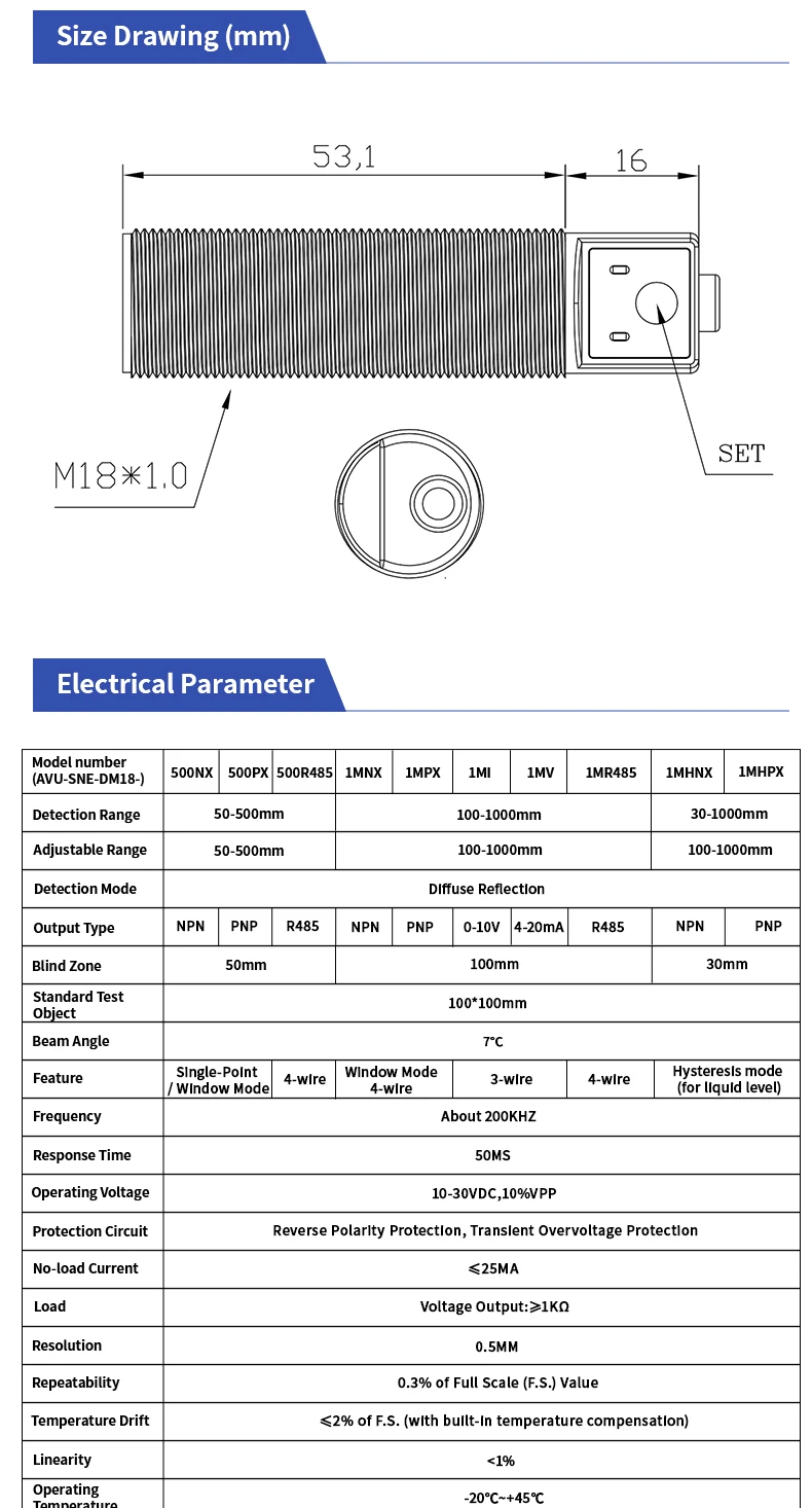 SNE-DM18 Ultrasonic Sensor High Precision High Frequency NPN PNP Analog 4-20mA 0-10V RS-485 Millimeter Ultrasonic Level Sensor