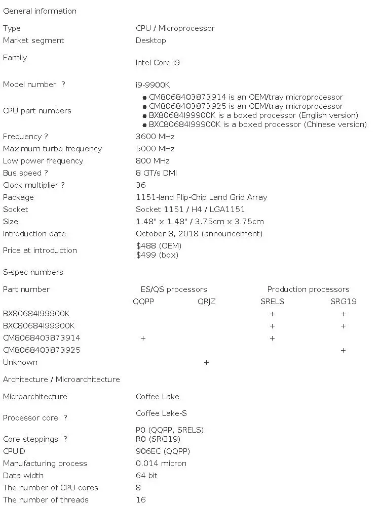 Intel Used Core i9-9900K i9 9900K Eight-Core Sixteen-Thread 3.6Ghz 95W L3/16M LGA 1151 Desktop CPU SRELS SRG19