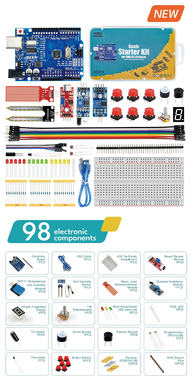 KUONGSHUN Starter Kit with Retail Box for School Kids Educational Programming Kit Educational Toys for Arduino Uno R3