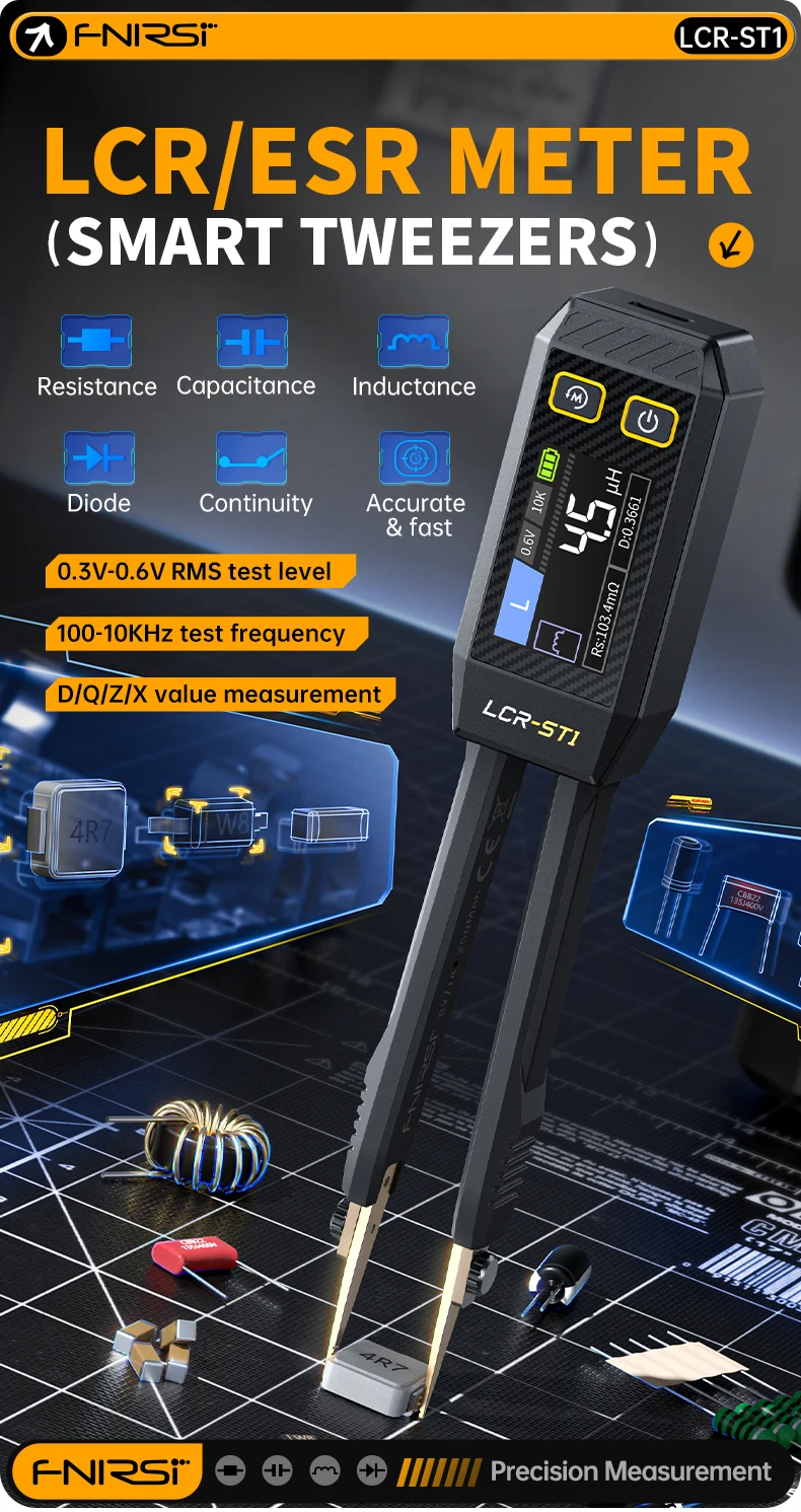 FNIRSI LCR-ST1 Smart Tweezer LCR SMD ESR Tester Resistance Capacitance Inductance Continuity Diode Test Auto Multimeter Tools