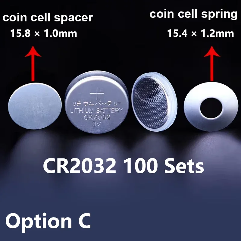 316SS Coin Cell Battery Case CR2032/CR2025/CR2016 - Stainless Steel Shell + Conical Spring, 100sets/pcs (Free Shipping)