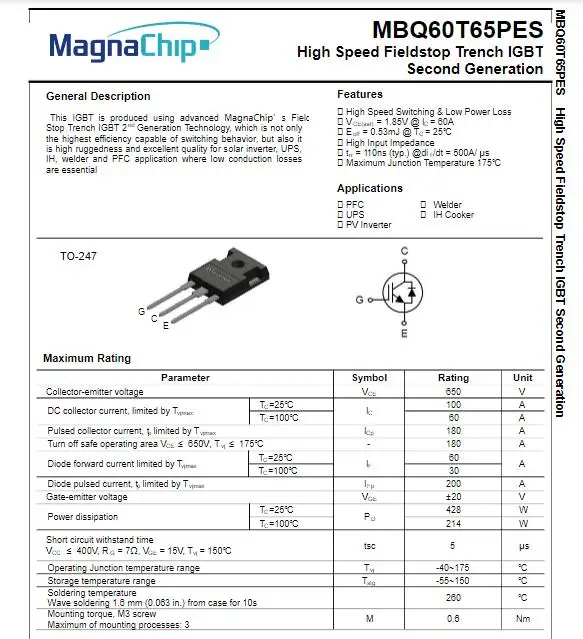 10Pcs-210Pcs New Original 60T65PES MBQ60T65PES 60T65 IGBT 650V 60A Transistor MBQ60T65PESTH TO-247