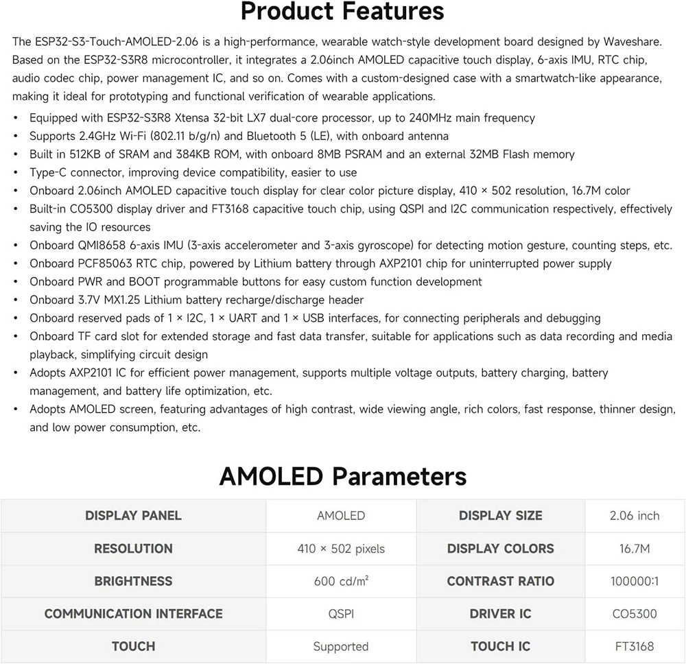 Waveshare ESP32-S3 2.06 inch AMOLED Touchscreen Development Board 410x502 ESP32 Display Support DeepSeek Arduino IDE ESP-IDF
