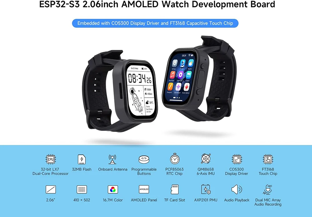 Waveshare ESP32-S3 2.06 inch AMOLED Touchscreen Development Board 410x502 ESP32 Display Support DeepSeek Arduino IDE ESP-IDF