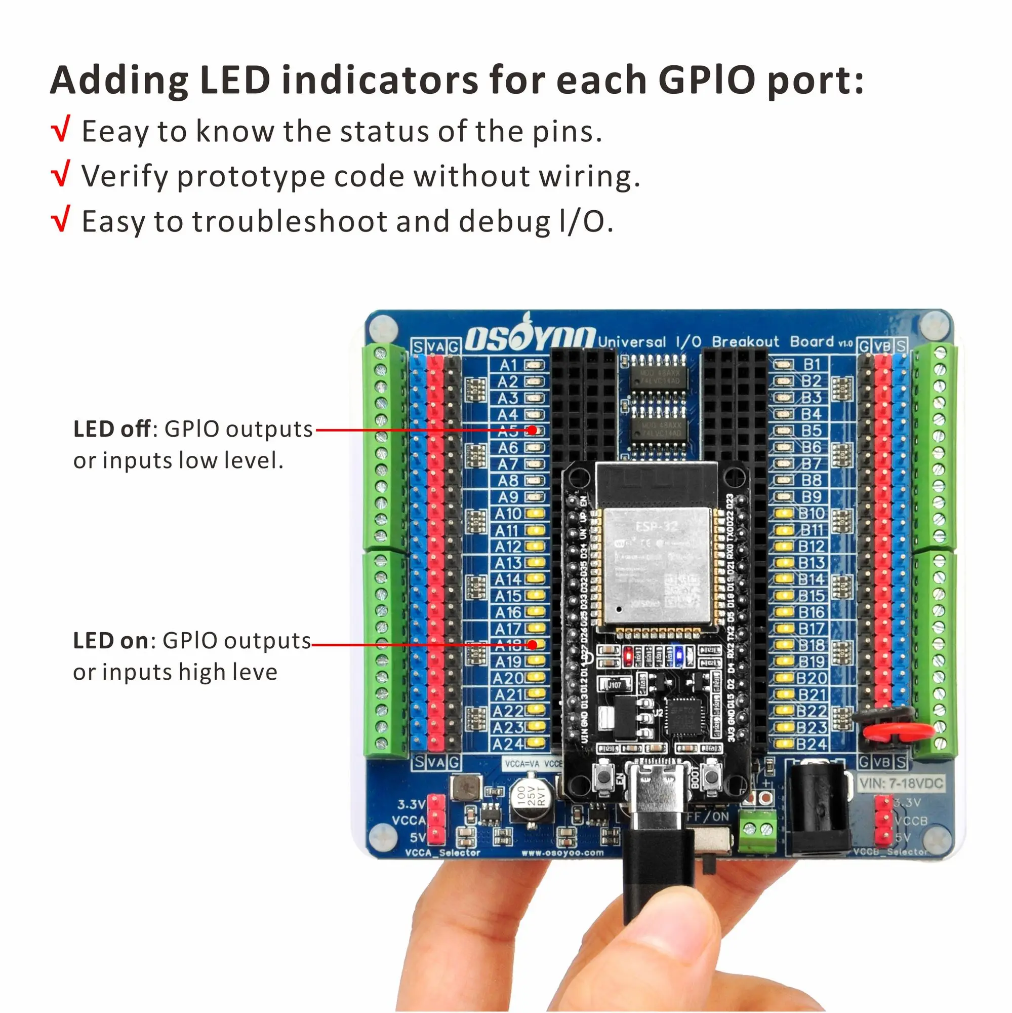 OSOYOO Universal IO Breakout Board – GPIO Expansion & Debugging Platform for Arduino Nano, ESP32, ESP8266 NodeMCU, Raspberry Pi