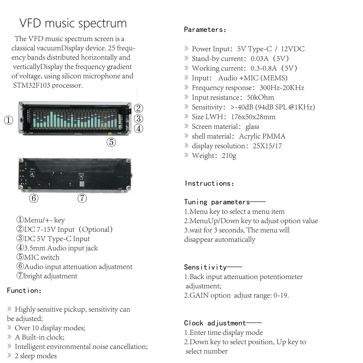 TYPE-C 5V 12V Car POWER Amplifier VFD Music Spectrum Display Clock Voice Control Level Indicator Rhythm Analyzer VU Meter