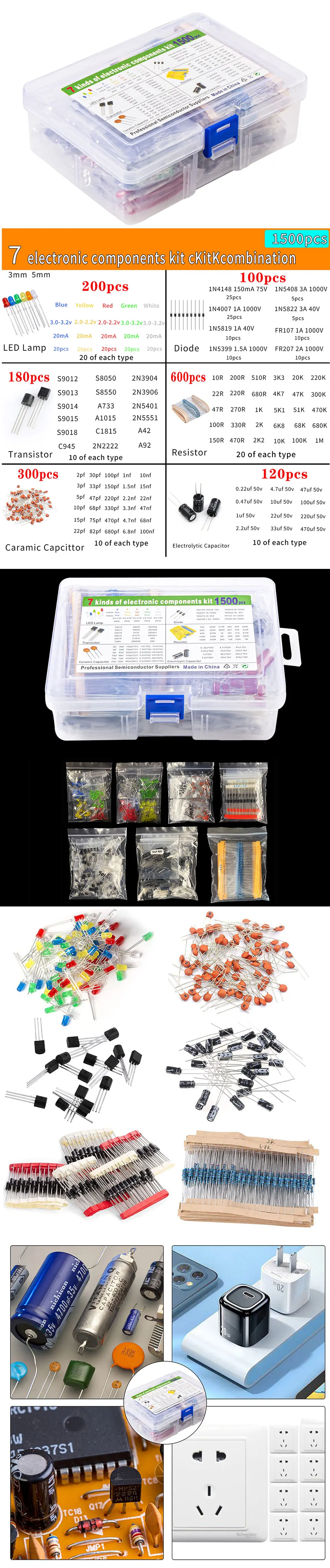 1500pcs Electronics Component Assortment Kit Capacitors Led Diode Rectifier Resistor Transistor For Arduino DIY Project
