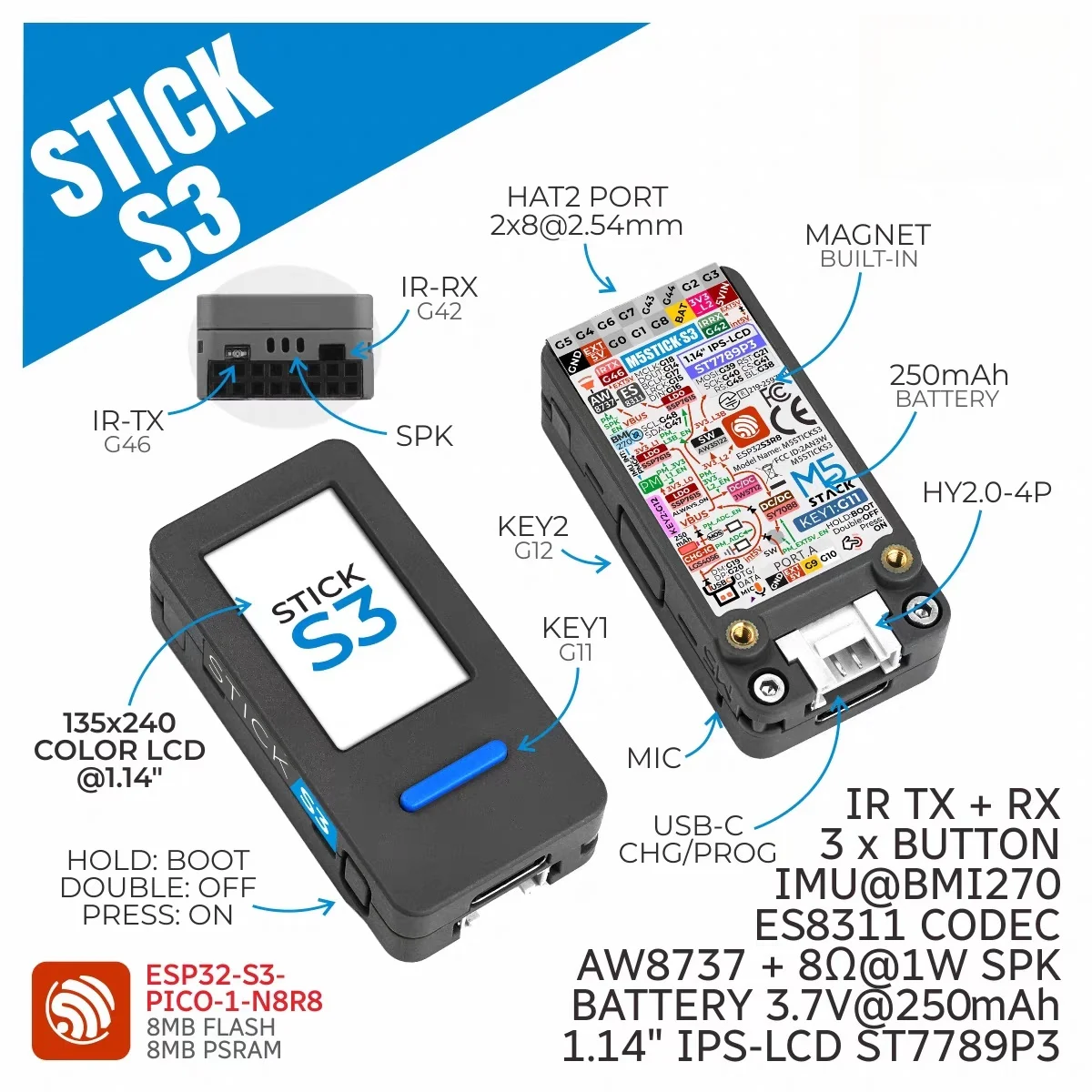 Official M5Stack StickS3 ESP32 S3 High-Performance Compact IoT Development Kit