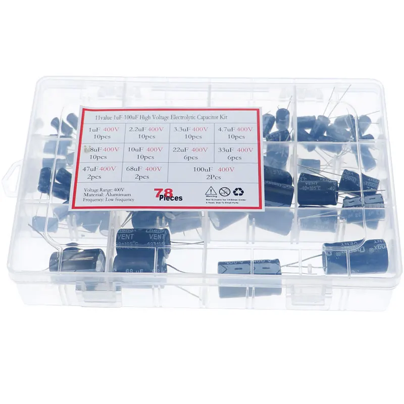 78pcs 11Value 400V High Voltage Aluminum Electrolytic Capacitor Mixed Box Kit 1UF 2.2UF3.3UF4.7UF6.8UF10UF22UF33UF47UF68UF100UF
