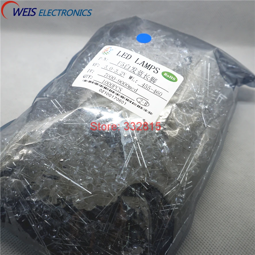 1000PCS 5MM LED WATER CLEAR WHITE, BLUE, GREEN, YELLOW, RED LAMPS LONG LEGS FREE SHIPPING