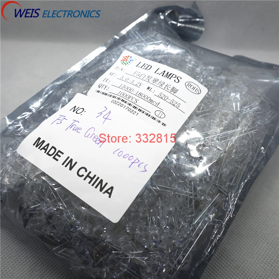1000PCS 5MM LED WATER CLEAR WHITE, BLUE, GREEN, YELLOW, RED LAMPS LONG LEGS FREE SHIPPING