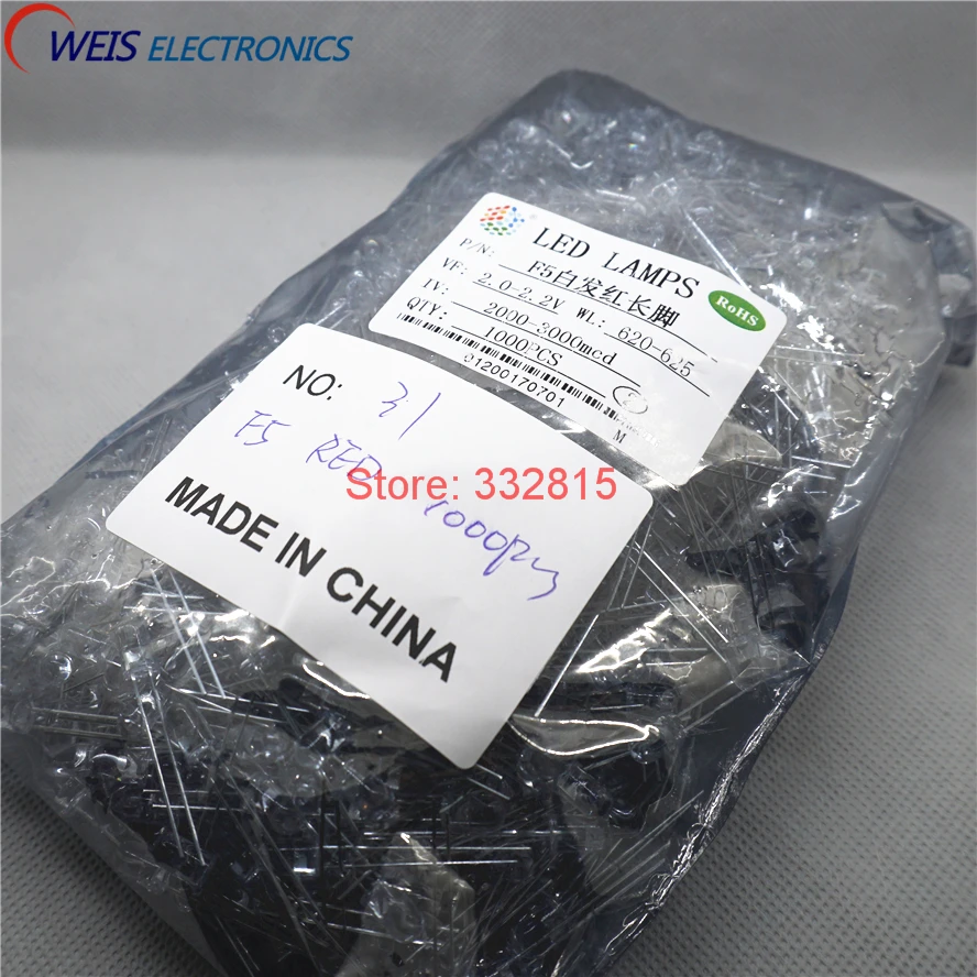1000PCS 5MM LED WATER CLEAR WHITE, BLUE, GREEN, YELLOW, RED LAMPS LONG LEGS FREE SHIPPING