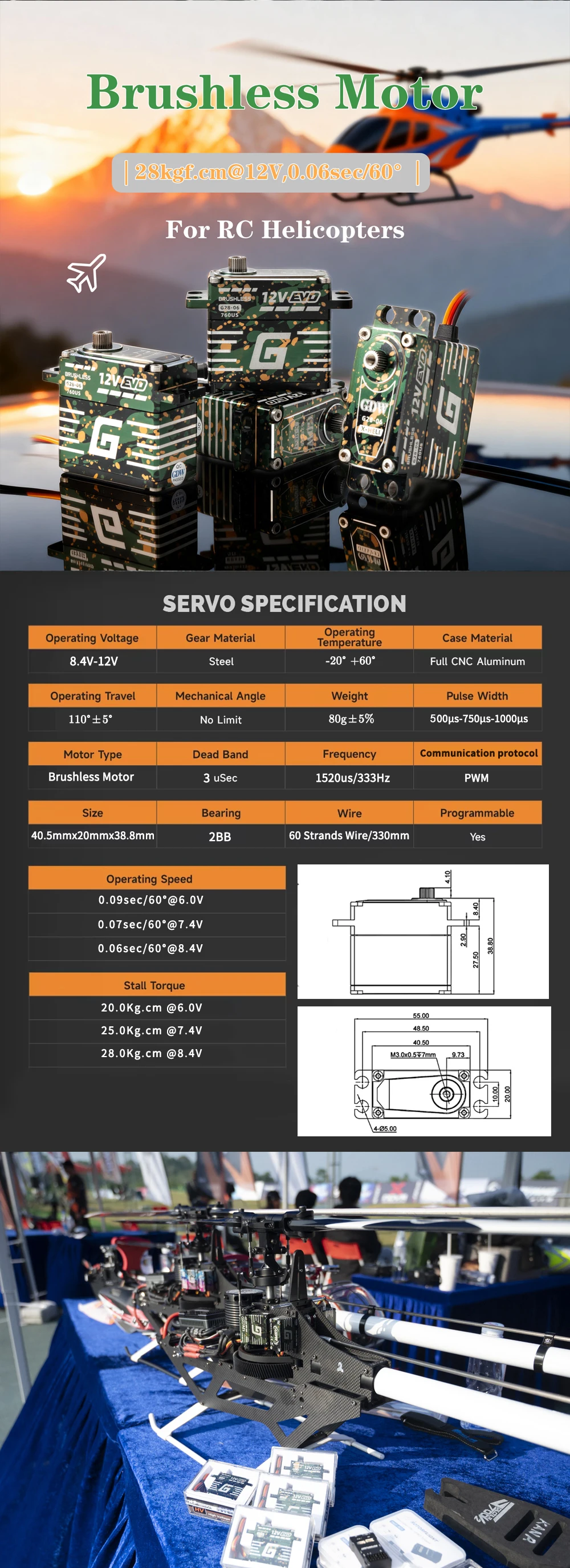 G28 28KG Torque 12V High-Performance High-Speed Brushless Standard Digital Narrow-Band Servo Kit for Professional RC Helicopter