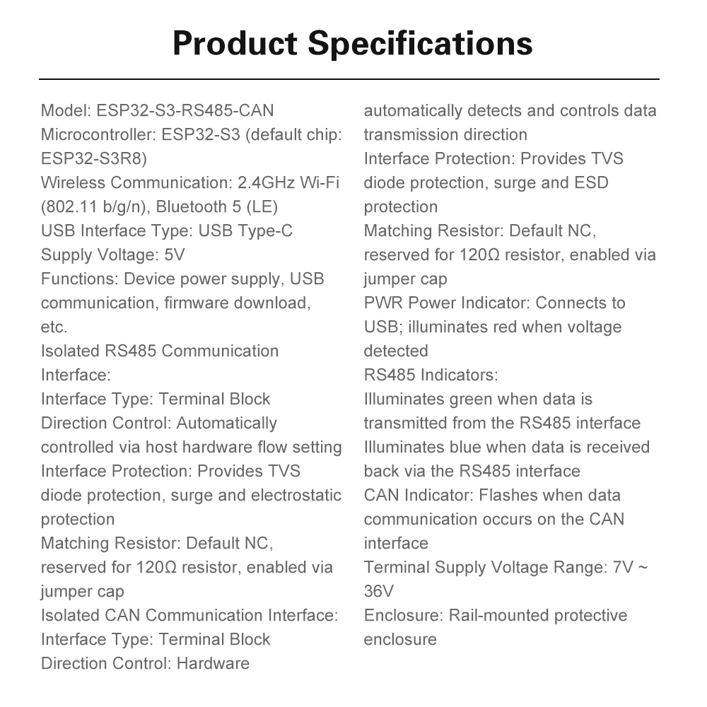 Industrial Grade ESP32-S3-RS485-CAN Development Board RS485/CAN Interface WIFI and Bluetooth Isolated Industrial Control Board