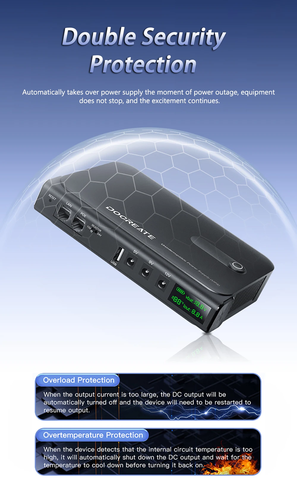DC1036L 36W Digital Display UPS Uninterruptible Power Supply Anti-Reverse Connection 18650 Home Portable Router 5V9V12V/15V/24V