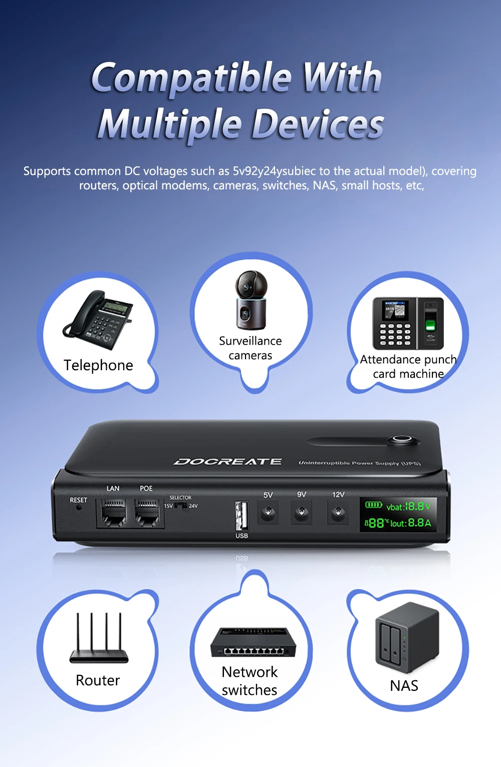 DC1036L 36W Digital Display UPS Uninterruptible Power Supply Anti-Reverse Connection 18650 Home Portable Router 5V9V12V/15V/24V