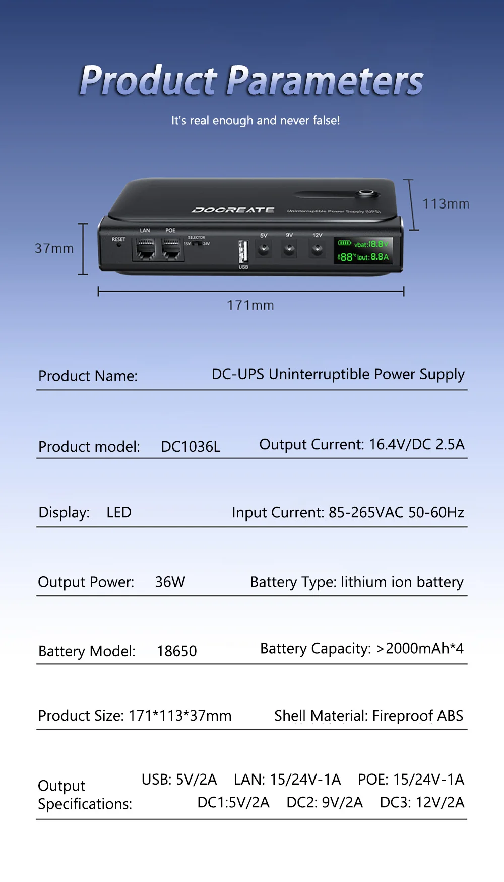 DC1036L 36W Digital Display UPS Uninterruptible Power Supply Anti-Reverse Connection 18650 Home Portable Router 5V9V12V/15V/24V