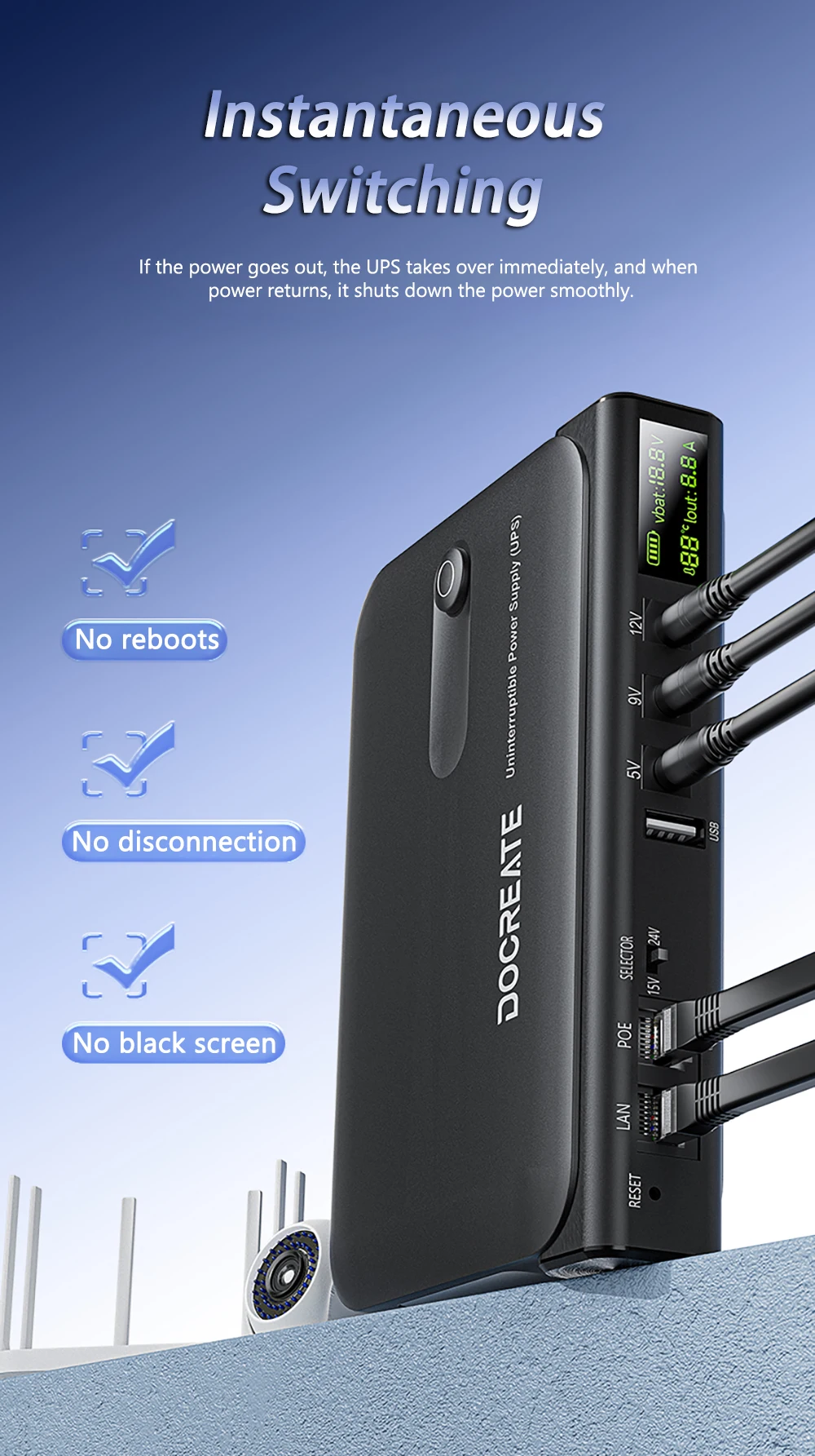 DC1036L 36W Digital Display UPS Uninterruptible Power Supply Anti-Reverse Connection 18650 Home Portable Router 5V9V12V/15V/24V