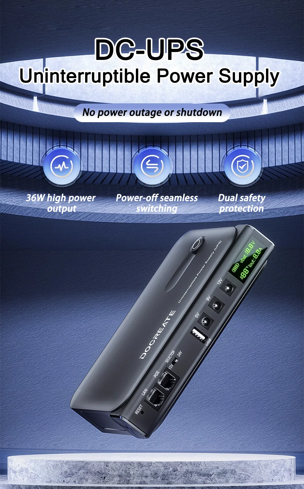DC1036L 36W Digital Display UPS Uninterruptible Power Supply Anti-Reverse Connection 18650 Home Portable Router 5V9V12V/15V/24V