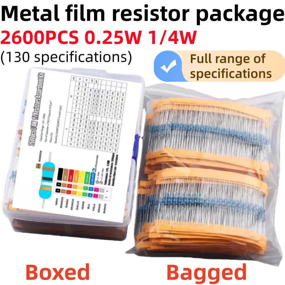 2600-600PCS,130 Values 1/4W 0.25W 1% Metal Film Resistors Assorted Pack Kit Set Lot Resistors Assortment Kits Fixed Resistor