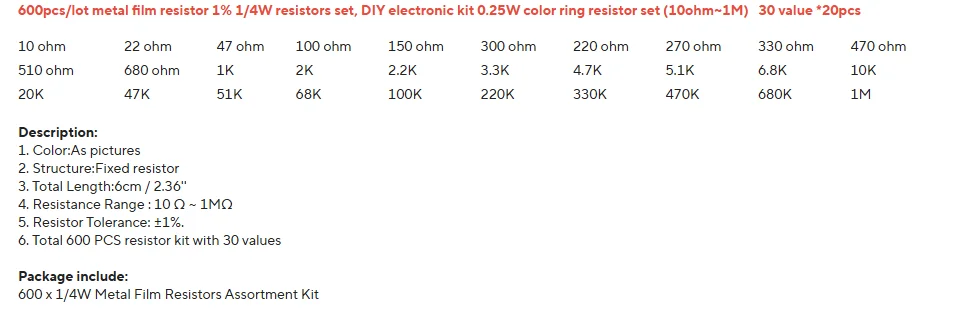 2600-600PCS,130 Values 1/4W 0.25W 1% Metal Film Resistors Assorted Pack Kit Set Lot Resistors Assortment Kits Fixed Resistor