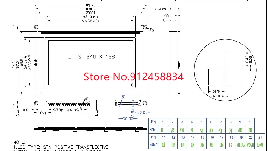 240128 Lcd Display Module with Touch Panel Screen Plastic T6963C or RA6963 or UCI6963 144x104mm LCM240128A B