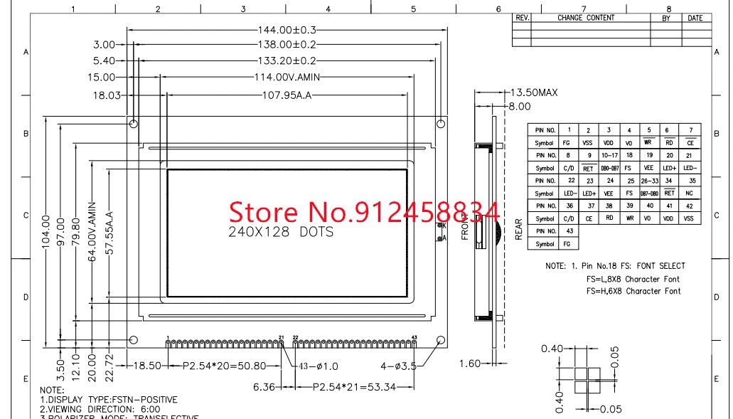 240128 Lcd Display Module with Touch Panel Screen Plastic T6963C or RA6963 or UCI6963 144x104mm LCM240128A B