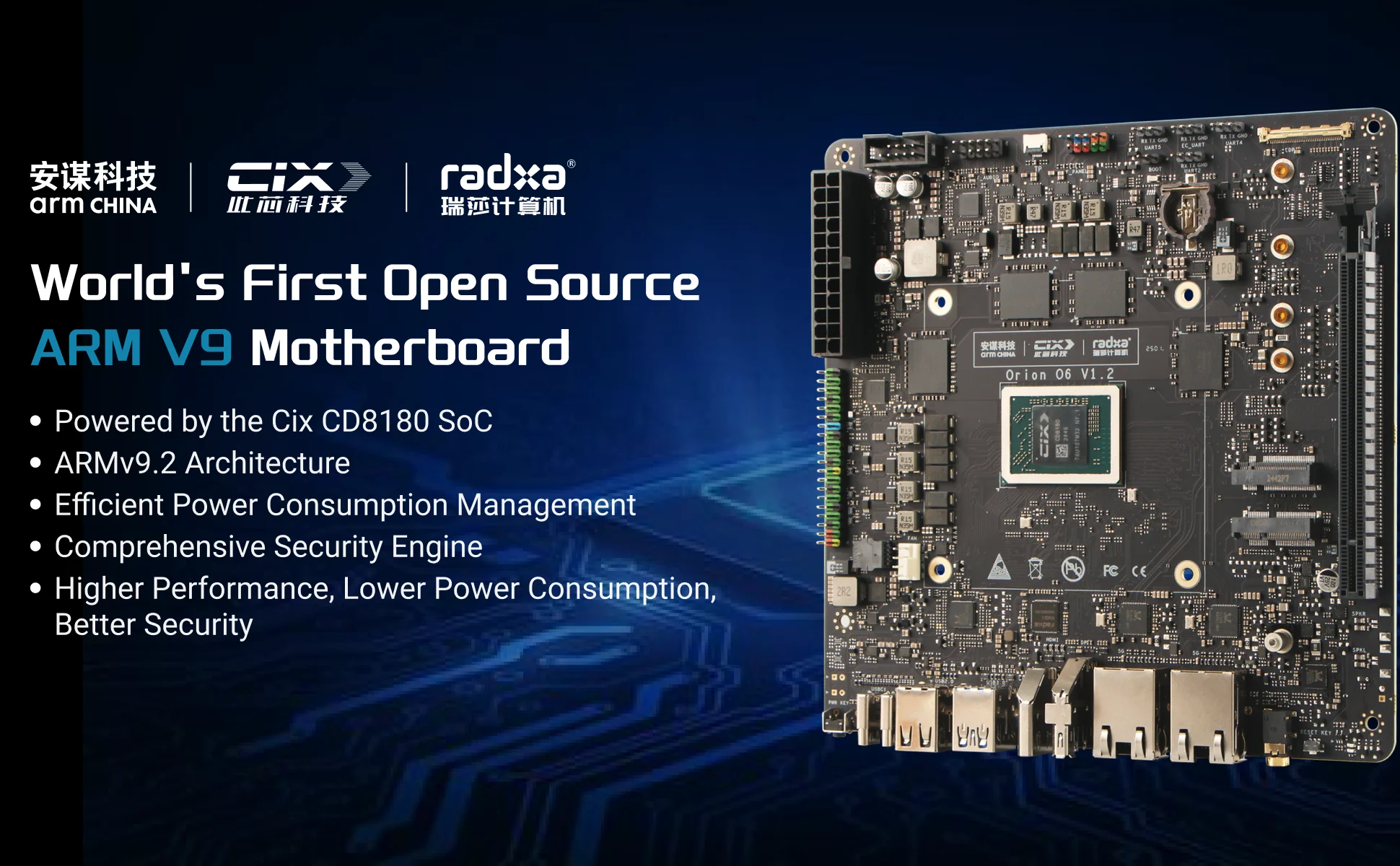 BoMaSRadxa Orion O6, World's First Open Arm V9 Mini Itx Motherboard, 12-core Cpu, 28.8tops Npu, Lpddr5 And Pcie Gen4 16-lane