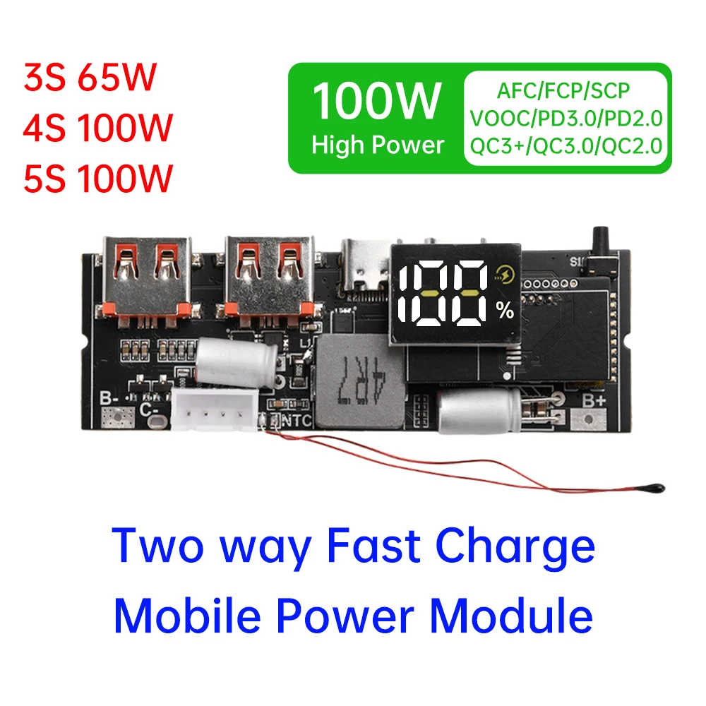65W 100W DIY Power Bank Motherboard Dual Type-C Bidirectional Fast Charging PD3.1 PPS SCP VOOC MPPT Solar Charger Board 3S 4S 5S
