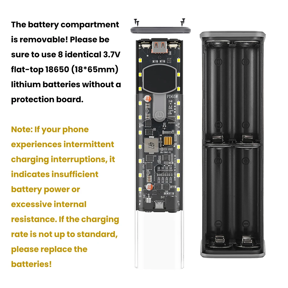PD65W Power Bank Case Super Fast Charging Transparent Power Bank Shell 8x18650 Battery Box Welding Free for Outdoor Light Type-C