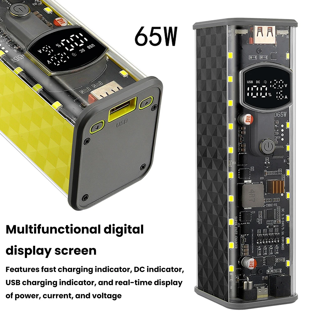 PD65W Power Bank Case Super Fast Charging Transparent Power Bank Shell 8x18650 Battery Box Welding Free for Outdoor Light Type-C