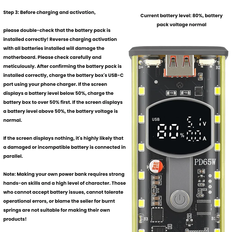 PD65W Power Bank Case Super Fast Charging Transparent Power Bank Shell 8x18650 Battery Box Welding Free for Outdoor Light Type-C
