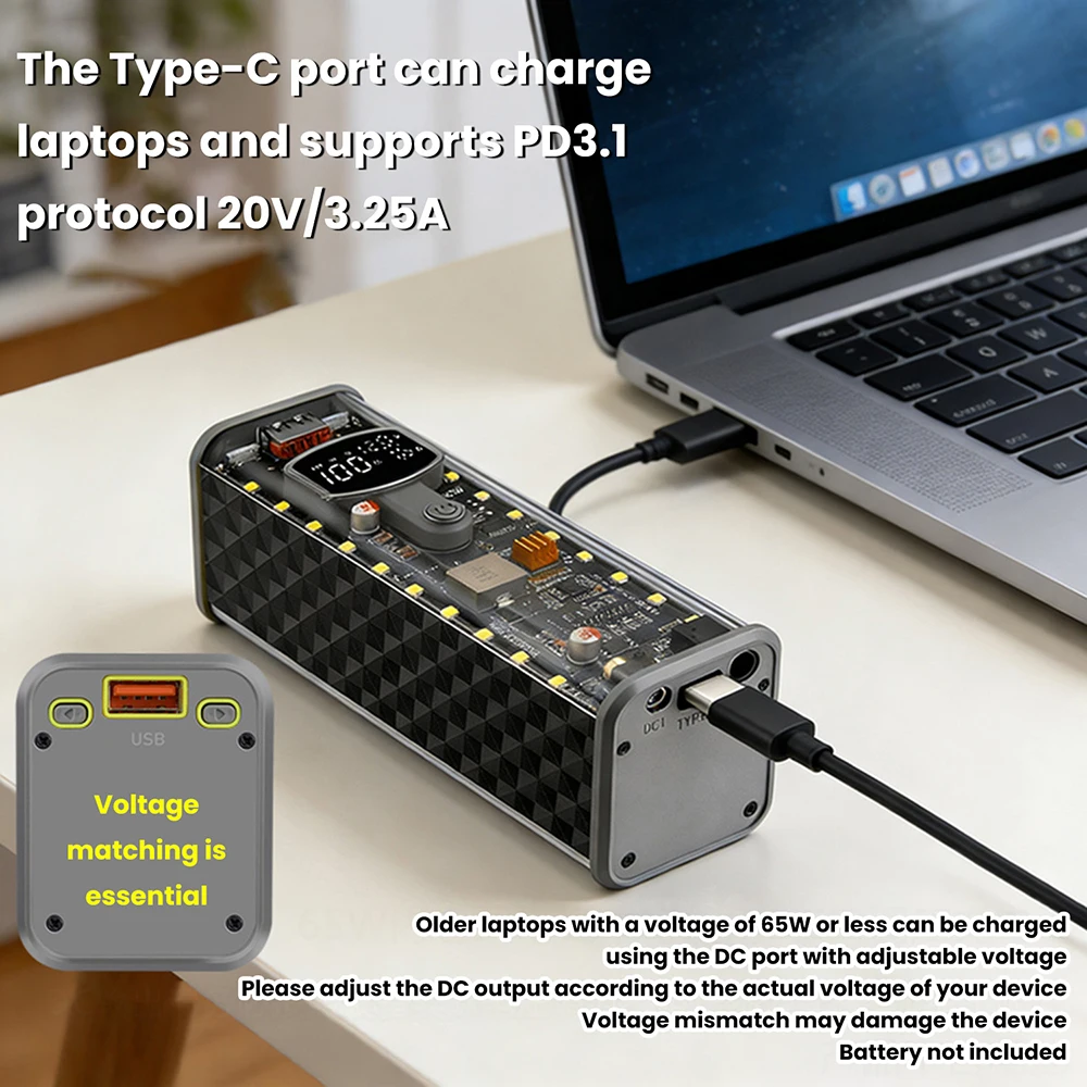 PD65W Power Bank Case Super Fast Charging Transparent Power Bank Shell 8x18650 Battery Box Welding Free for Outdoor Light Type-C