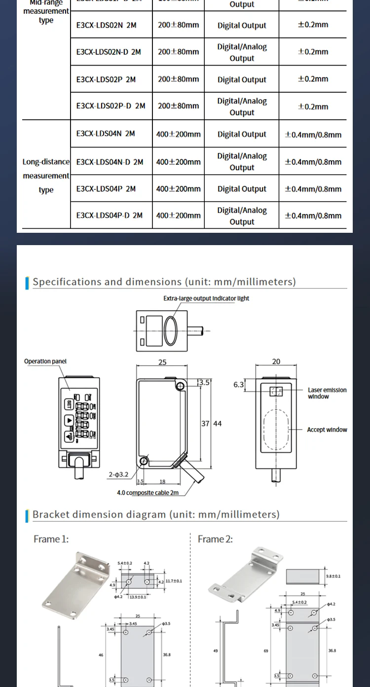 ZHICAN E3CX High Precision Laser Displacement Sensor Compatible with Panasonic HG-C Analog Output RS485 Distance Measurement