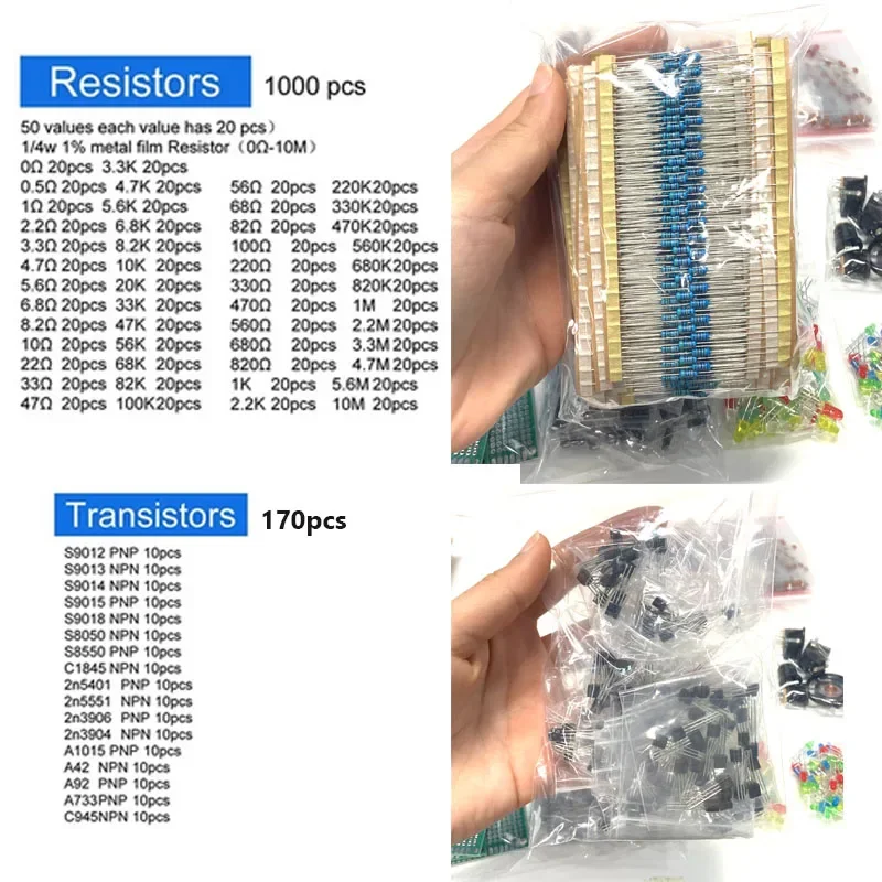1818PCS Common Capacitors Resistors Capacitors T0-92 LED Transistors PCB Board DIP-IC RM065 diodes Electronic Components Kit