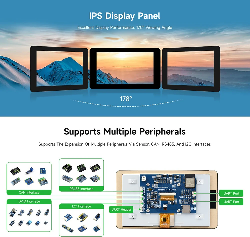 Waveshare ESP32-S3 7.0 inch 1024x600 LCD Development Board ESP32 Display Touchscreen LVGL GUI for Arduino IDE ESP-IDF PlatformIO