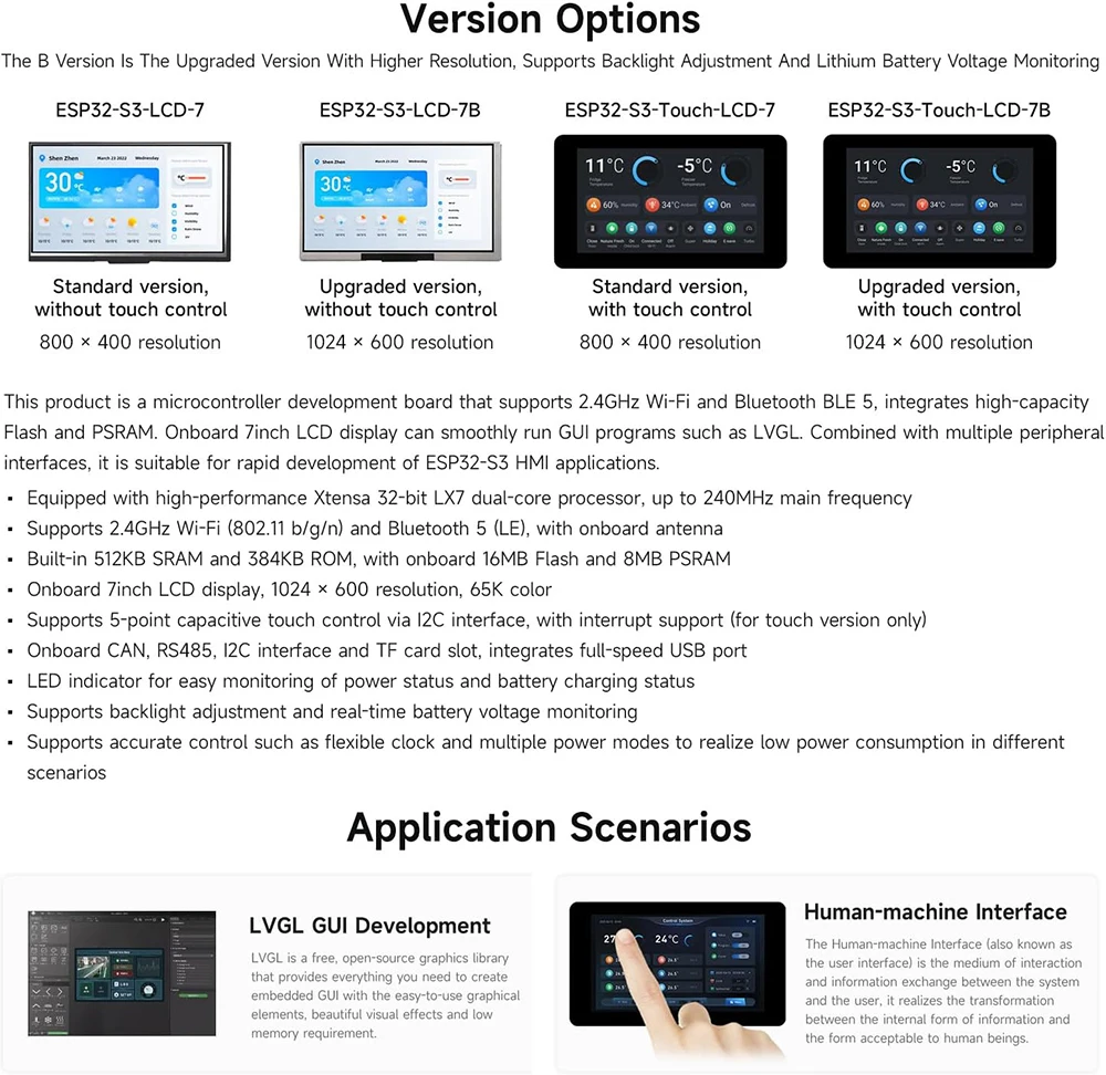 Waveshare ESP32-S3 7.0 inch 1024x600 LCD Development Board ESP32 Display Touchscreen LVGL GUI for Arduino IDE ESP-IDF PlatformIO