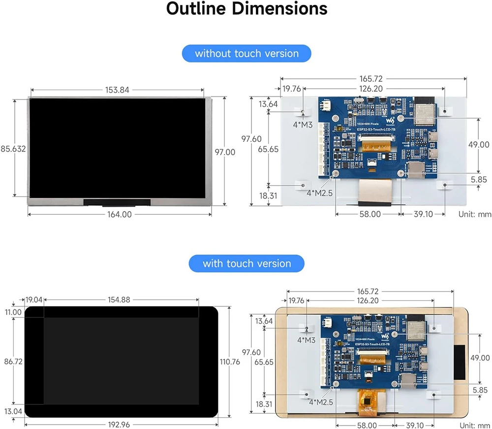 Waveshare ESP32-S3 7.0 inch 1024x600 LCD Development Board ESP32 Display Touchscreen LVGL GUI for Arduino IDE ESP-IDF PlatformIO