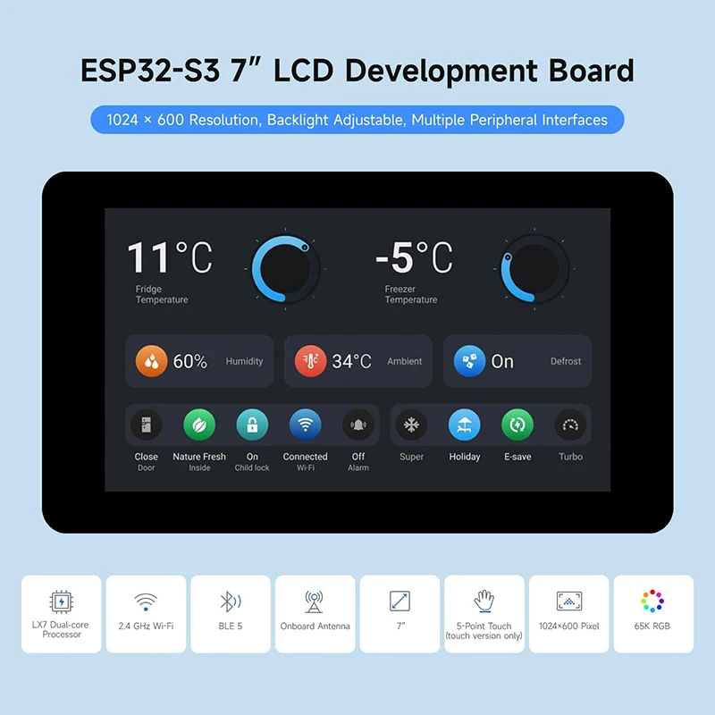Waveshare ESP32-S3 7.0 inch 1024x600 LCD Development Board ESP32 Display Touchscreen LVGL GUI for Arduino IDE ESP-IDF PlatformIO