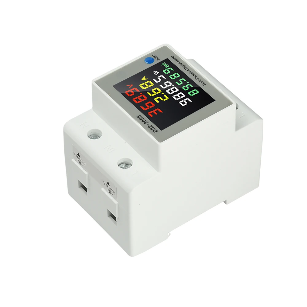 D52-3065 DIN Rail Electric Energy Meter DC14-600V 63A Voltage Current Power Monitor with LCD Display for Electrical Tool