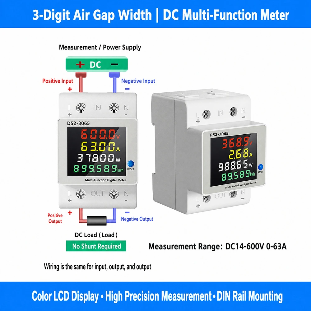 D52-3065 DIN Rail Electric Energy Meter DC14-600V 63A Voltage Current Power Monitor with LCD Display for Electrical Tool